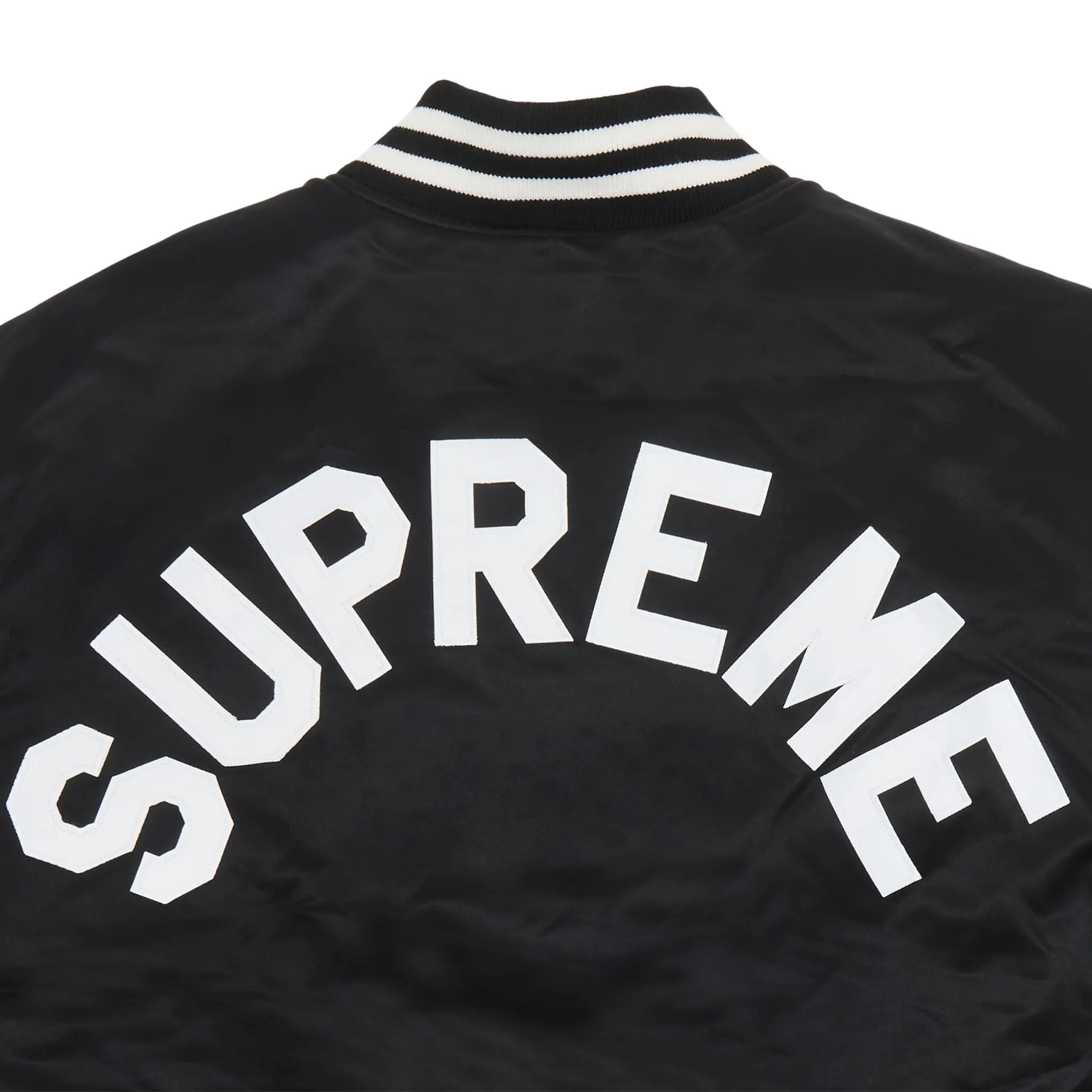 Detailed Front View of Preloved - Supreme x Mitchell & Ness Satin Varsity Black Jacket